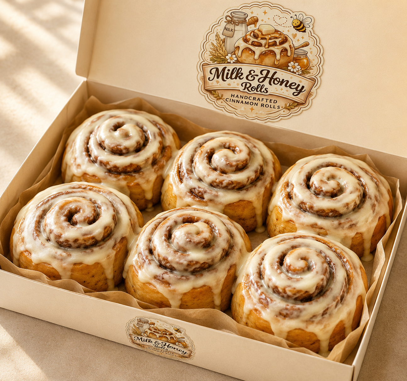 Box of freshly baked cinnamon rolls